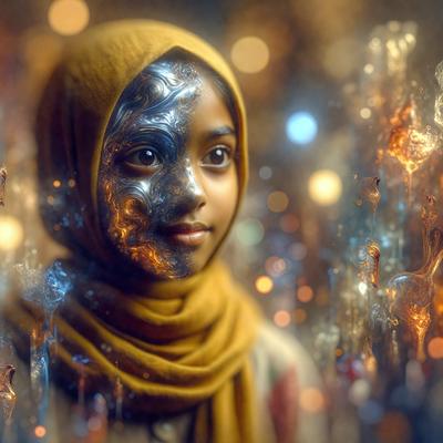 The primary subject of the image is a young girl wearing a yellow headscarf. She is standing in front of a backdrop featuring a pattern of lights, which creates a visually striking scene. The visual style of the image is a combination of photo and digital art, giving it a unique and artistic appearance. The colors and mood of the image are predominantly warm and vibrant, with the lights and the girl's outfit contributing to a lively and cheerful atmosphere.